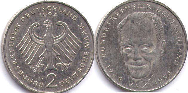 Монета Deutschland 2 mark 1994 Willy Brandt