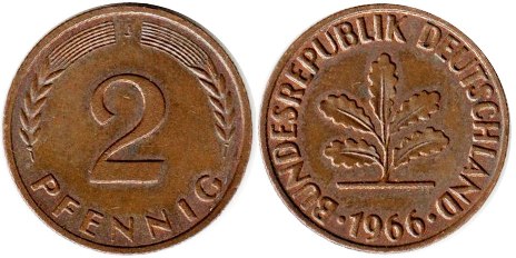 Монета Deutschland 2 пфеннига 1966