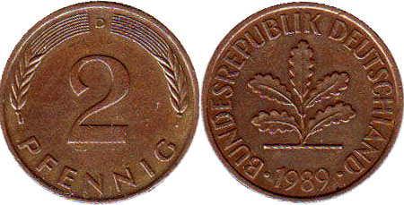 Монета Deutschland 2 пфеннига 1989