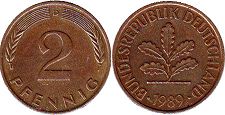 монета ФРГ 2 пфеннига 1989