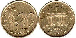 монета Германия 20 евро центов 2002