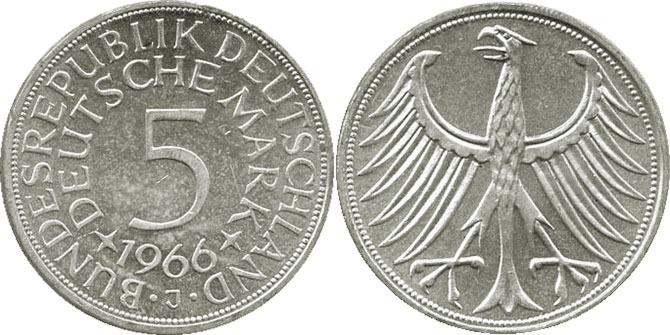 монета ФРГ 5 марок 1966