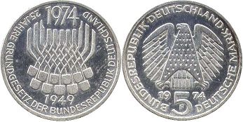 монета ФРГ 5 марок 1974