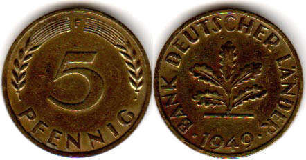 Монета Deutschland 5 пфеннигов 1949