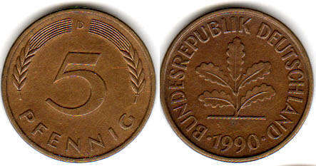 Монета Deutschland 5 пфеннигов 1990