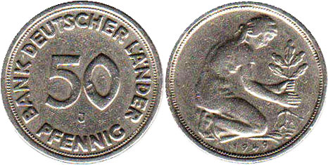 Монета Deutschland 50 пфеннигов 1949