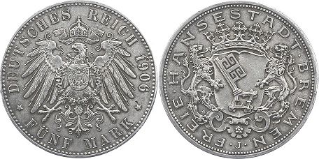 монета Бремен 5 марок 1906