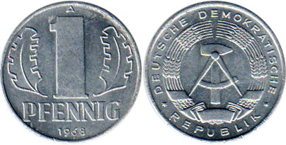 Монета Deutschland Democratic 1 пфенниг 1968