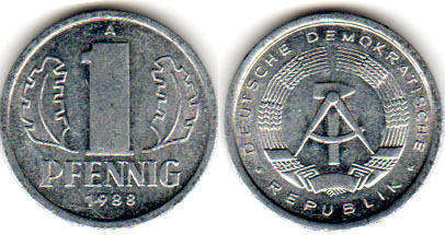 Монета Ostdeutschland 1 пфенниг 1988
