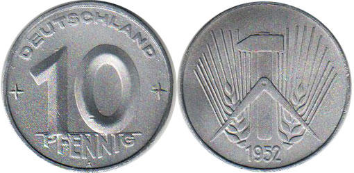 Монета Deutschland ГДР 10 пфеннигов 1952