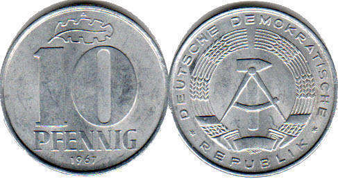 Монета Ostdeutschland 10 пфеннигов 1967