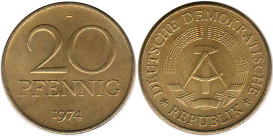 Монета Deutschland ГДР 20 пфеннигов 1974