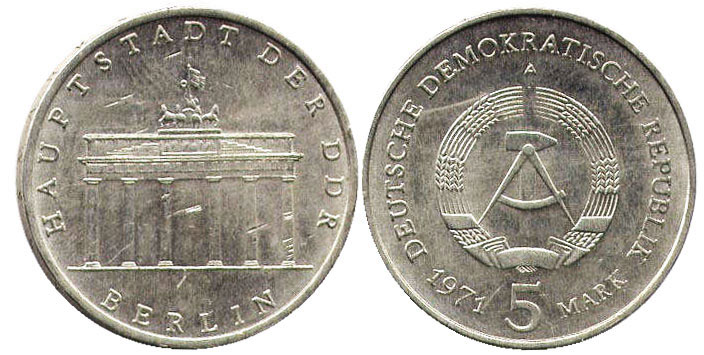 Монета Ostdeutschland 5 mark 1971