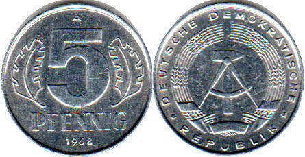 Монета Ostdeutschland 5 пфеннигов 1968