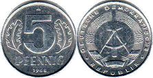 монета ГДР 5 пфеннигов 1968