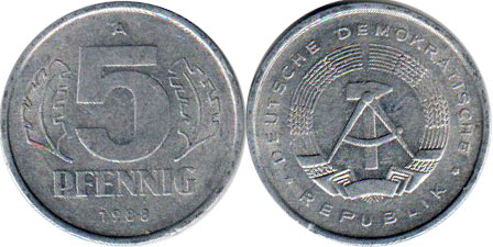 Монета Deutschland Democratic 5 пфеннигов 1988