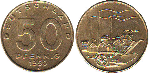 Монета Ostdeutschland 50 пфеннигов 1950