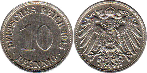 монета Германская империя 10 пфенниг 1914