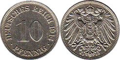 монета Германская Империя 10 пфеннигов 1914