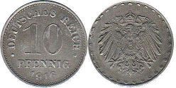 монета Германская Империя 10 пфеннигов 1916