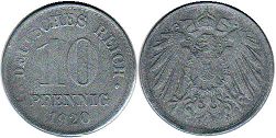 монета Германская Империя 10 пфеннигов 1920