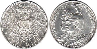 монета Германская Империя 2 марки 1901