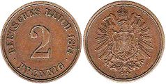 монета Германская Империя 2 пфеннига 1874