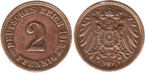 монета Германская империя 2 пфенниг 1912