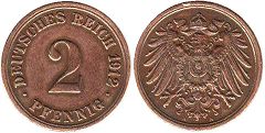 монета Германская Империя 2 пфеннига 1912
