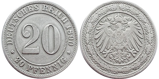 монета Германская империя 20 пфенниг 1890