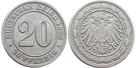 монета Германская Империя 20 пфеннигов 1890