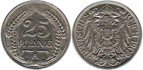 монета Германская империя 25 пфенниг 1909