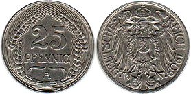 монета Германская Империя 25 пфеннигов 1909