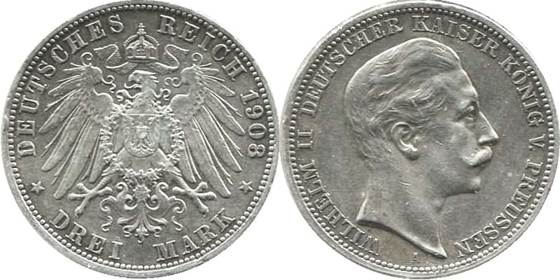 монета Германская империя 3 марки 1908