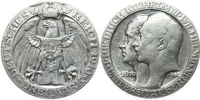 монета Германская Империя 3 марки 1910