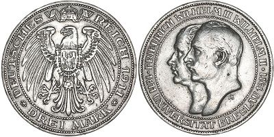 монета Германская Империя 3 марки 1911