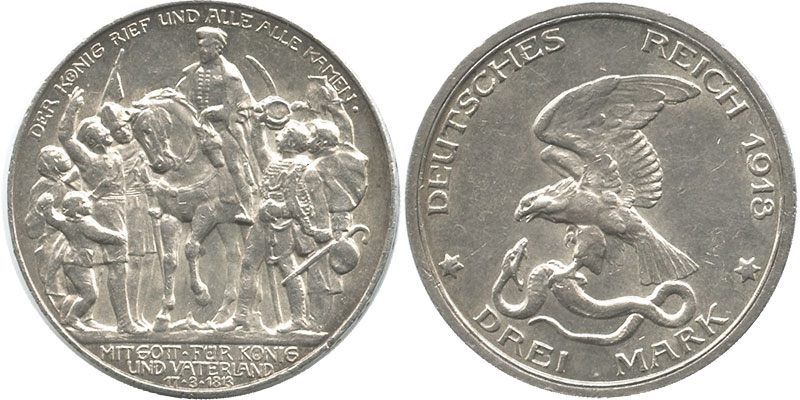 Монета Германская империя 3 марки 1913