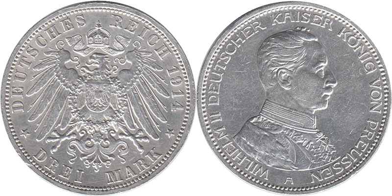 Монета Германская империя 3 марки 1914