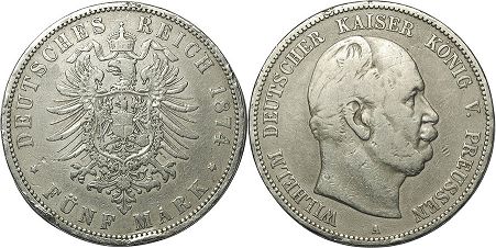 монета Германская Империя 5 марок 1874