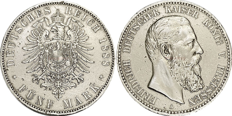 монета Германская империя 5 mark 1888