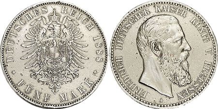 монета Германская Империя 5 марок 1888