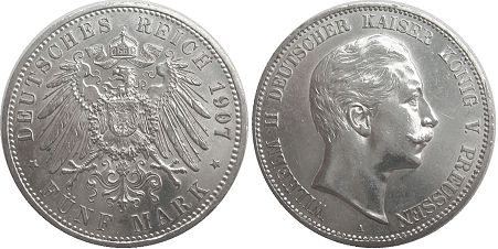 монета Германская Империя 5 марок 1907