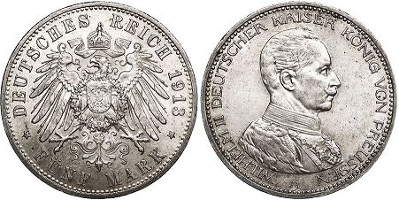 монета Германская Империя 5 марок 1913