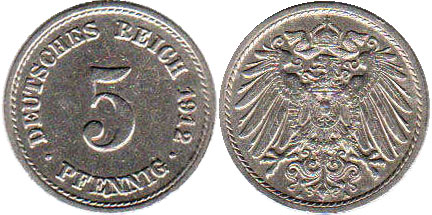 монета Германская империя 5 пфенниг 1912
