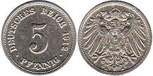 монета Германская Империя 5 пфеннигов 1912