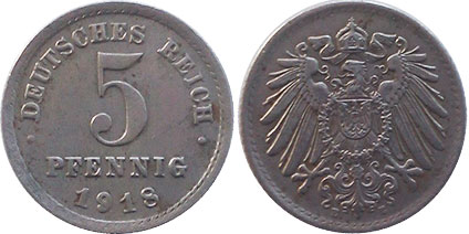 монета Германская империя 5 пфенниг 1918