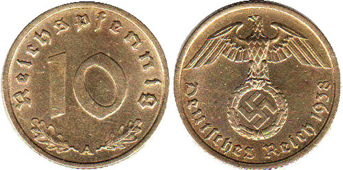 Монета Nazi Deutschland 10 ReichsPfennig 1938