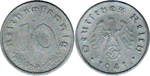 Монета Nazi Deutschland 10 ReichsPfennig 1941