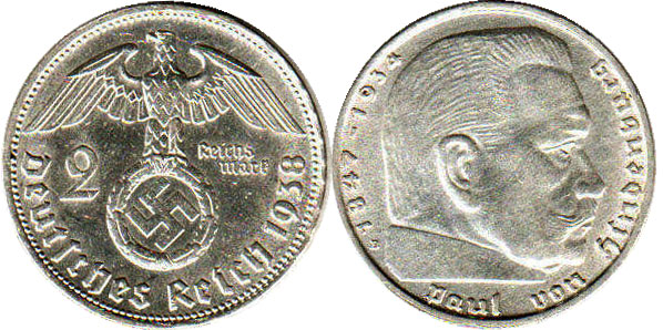 Монета Nazi Deutschland 2 Reichsmark 1938