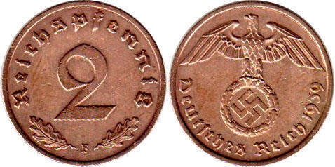 Монета Nazi Deutschland 2 ReichsPfennig 1939